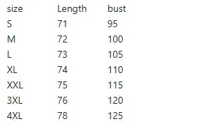 Size chart displaying clothing lengths and bust measurements for sizes S to 4XL in cm