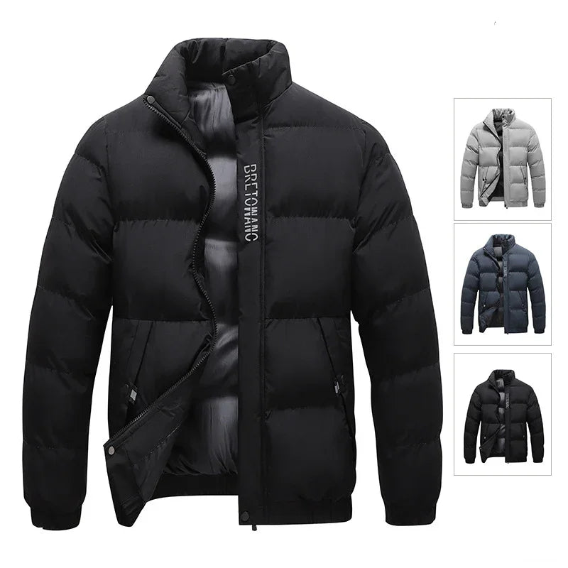 Men's black puffer jacket with front zipper and pockets, shown with gray and navy blue options