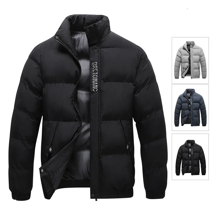 Men's black puffer jacket with front zipper and pockets, shown with gray and navy blue options