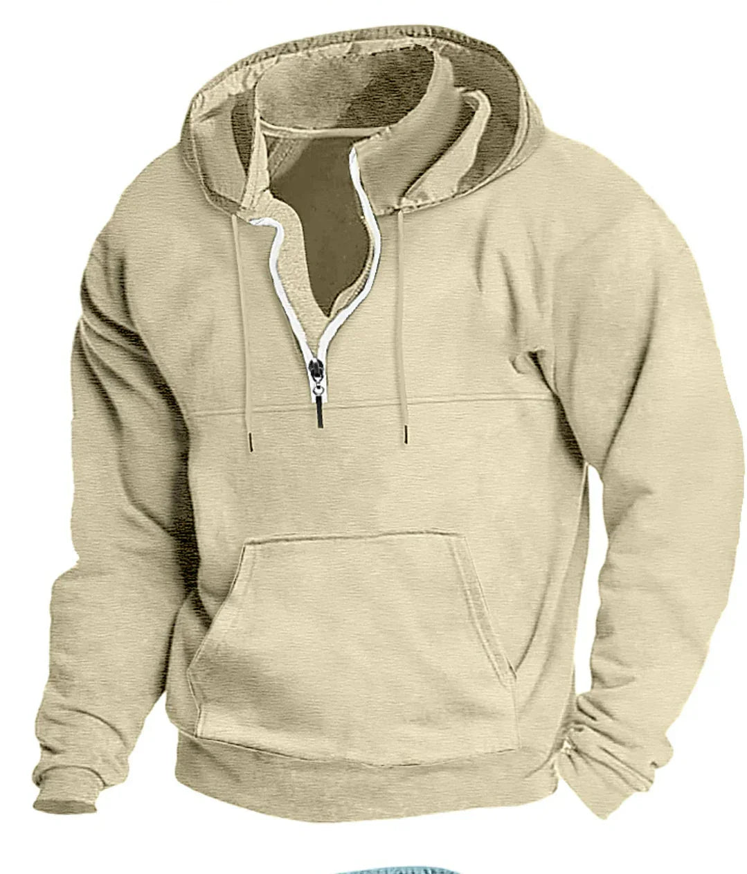 Beige half-zip pullover hoodie with kangaroo pocket and drawstring hood