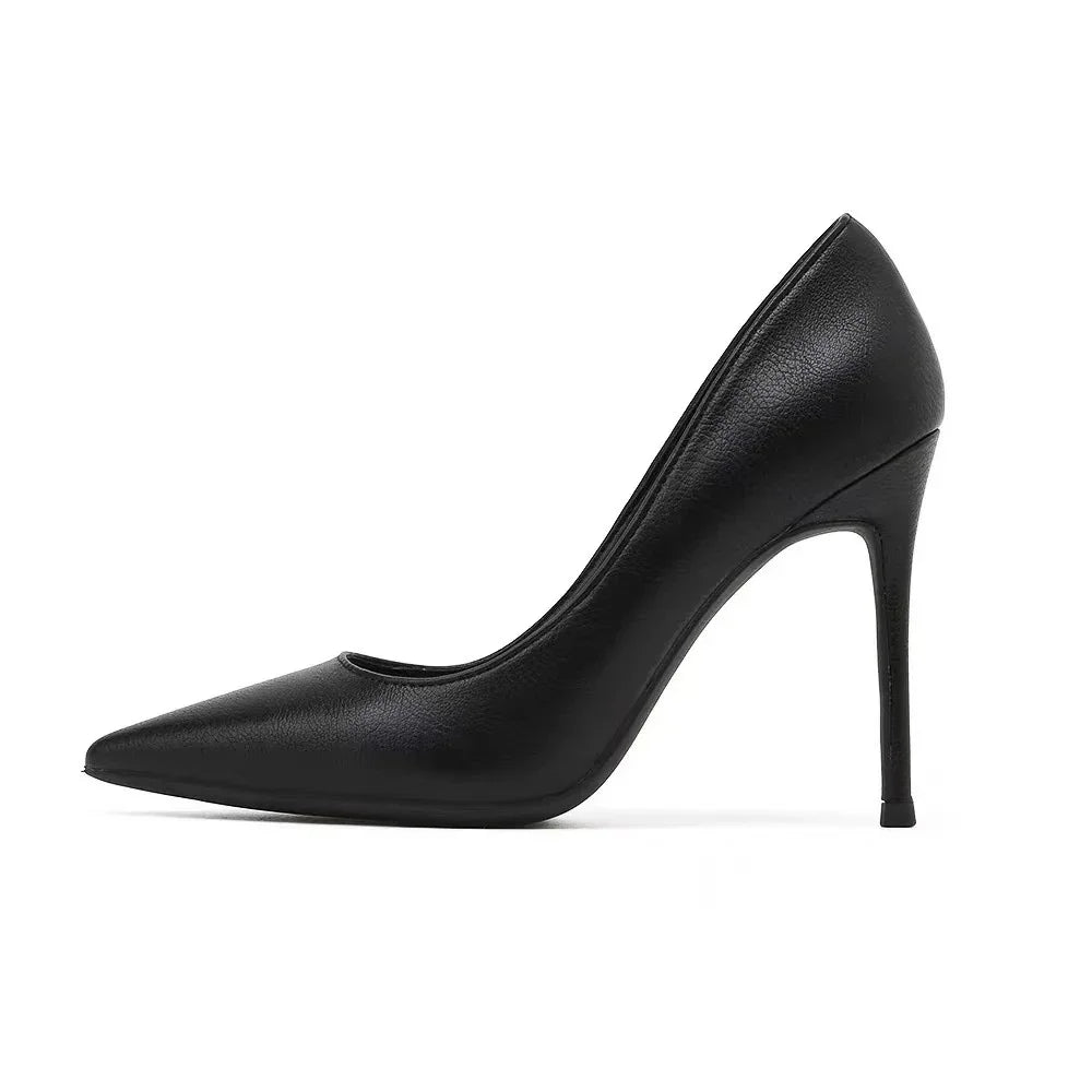 Black pointed-toe high heel stiletto shoe with leather texture on white background