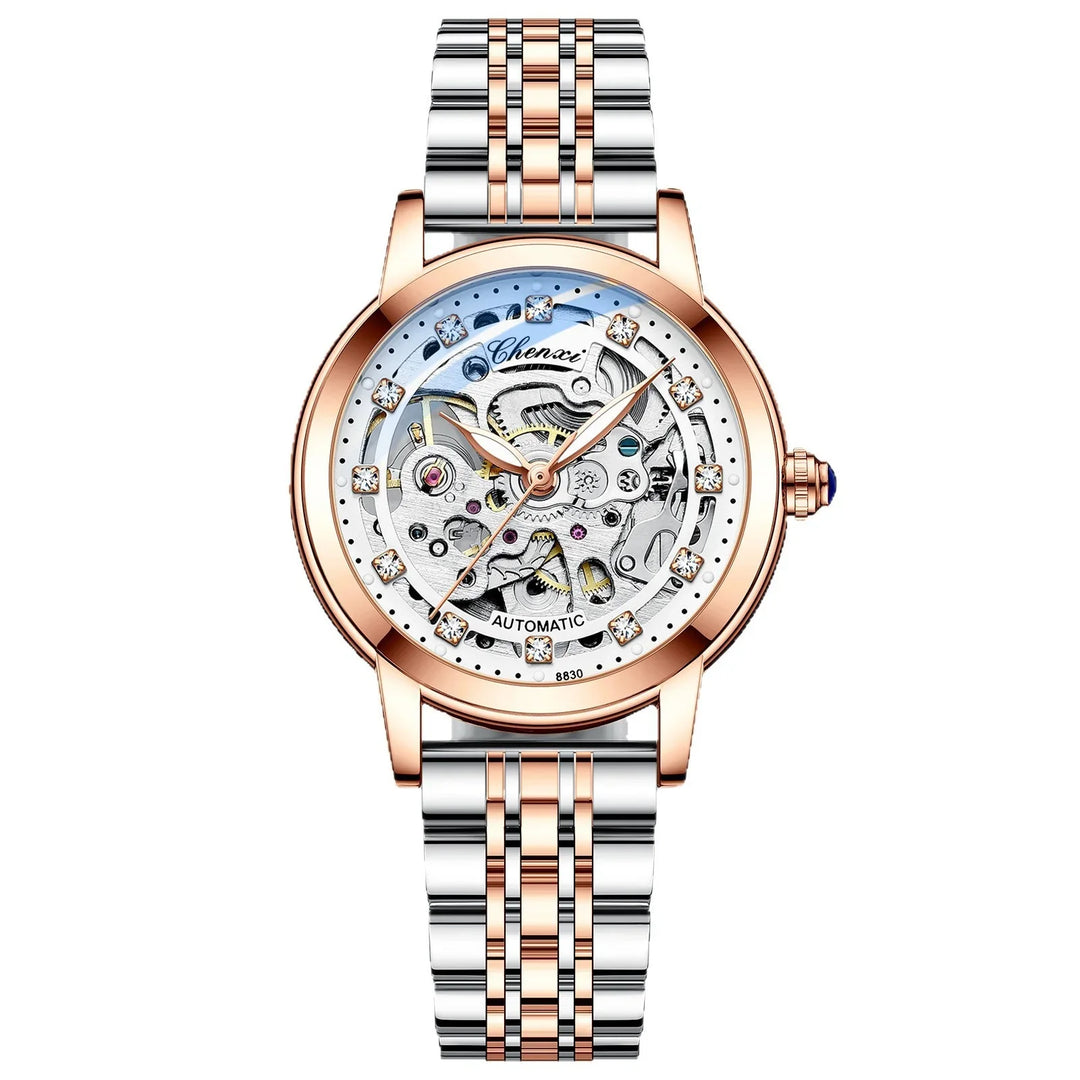 Chenxi automatic skeleton watch with rose gold and silver link bracelet and crystal hour markers