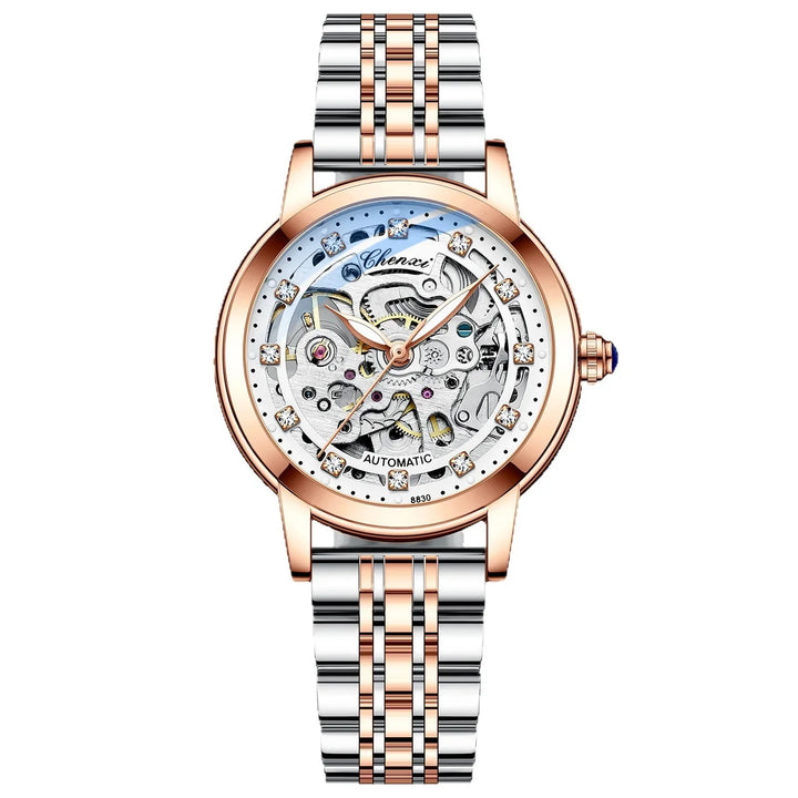 Chenxi automatic skeleton watch with rose gold and silver link bracelet and crystal hour markers