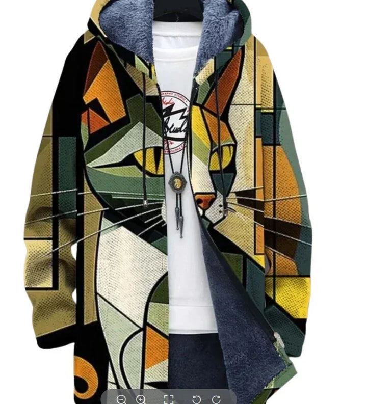 Geometric pattern hoodie featuring a colorful cat face design with yellow eyes and a zipper front
