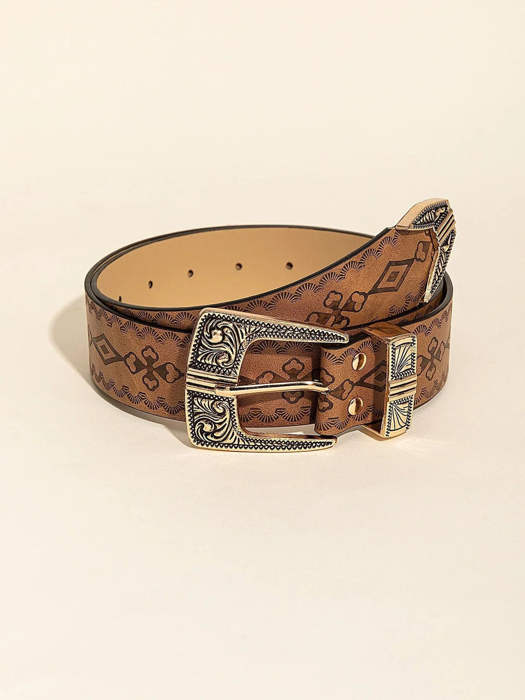 Brown leather belt with engraved silver-tone western buckle and patterned design