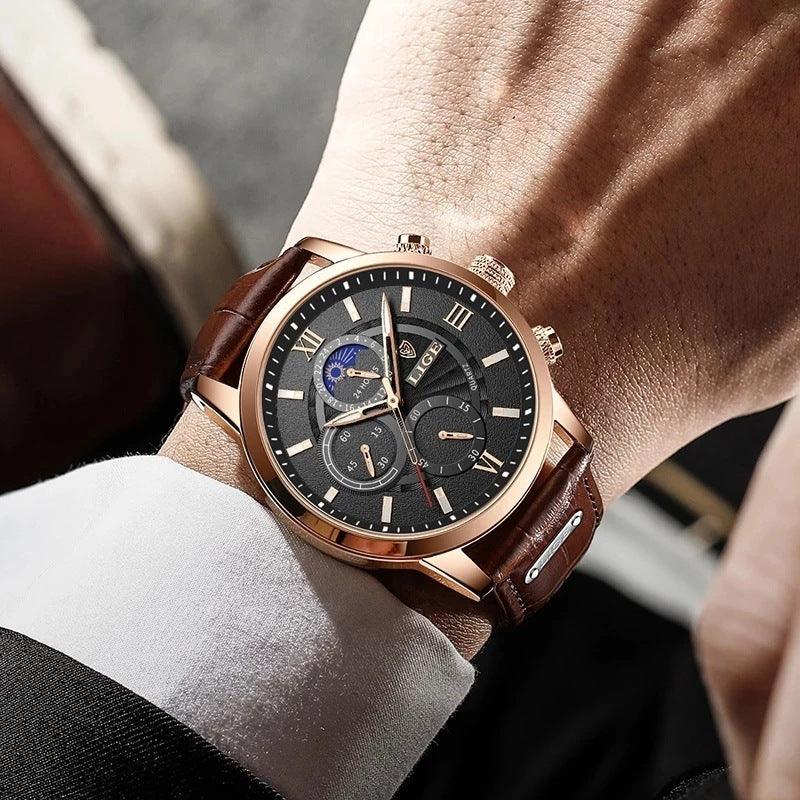 Luxury LIGE men's wristwatch with black dial, rose gold case, brown leather strap, and chronograph features