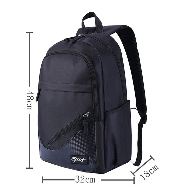 Black sport backpack with multiple zippered compartments and side pocket, 48x32x18 cm dimensions