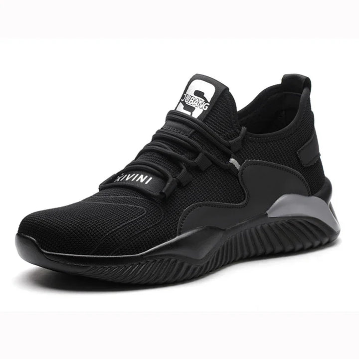 black breathable knit sneaker with chunky sole and lace-up design on white background
