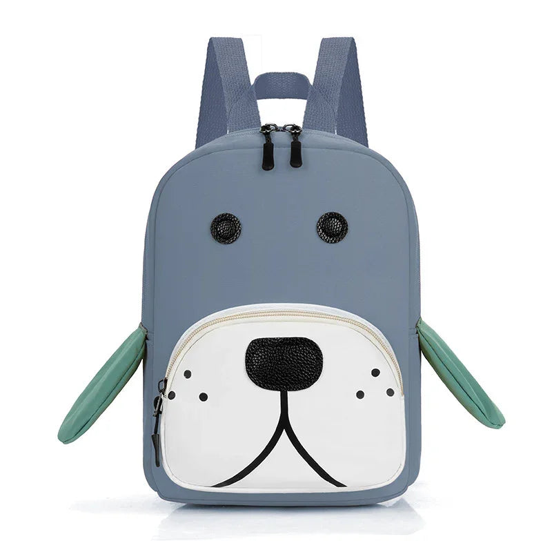 Blue kids backpack with cute dog face design and green side ears