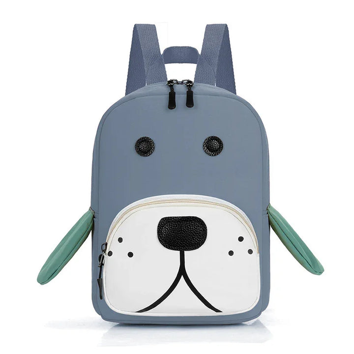 Blue kids backpack with cute dog face design and green side ears