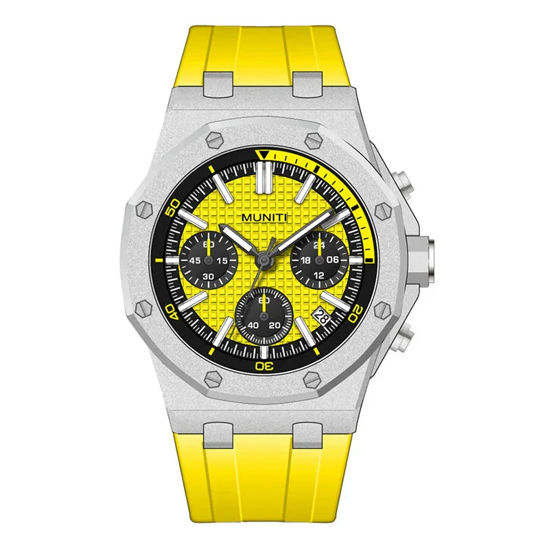 MUNIT silver chronograph watch with yellow textured dial and matching yellow rubber strap