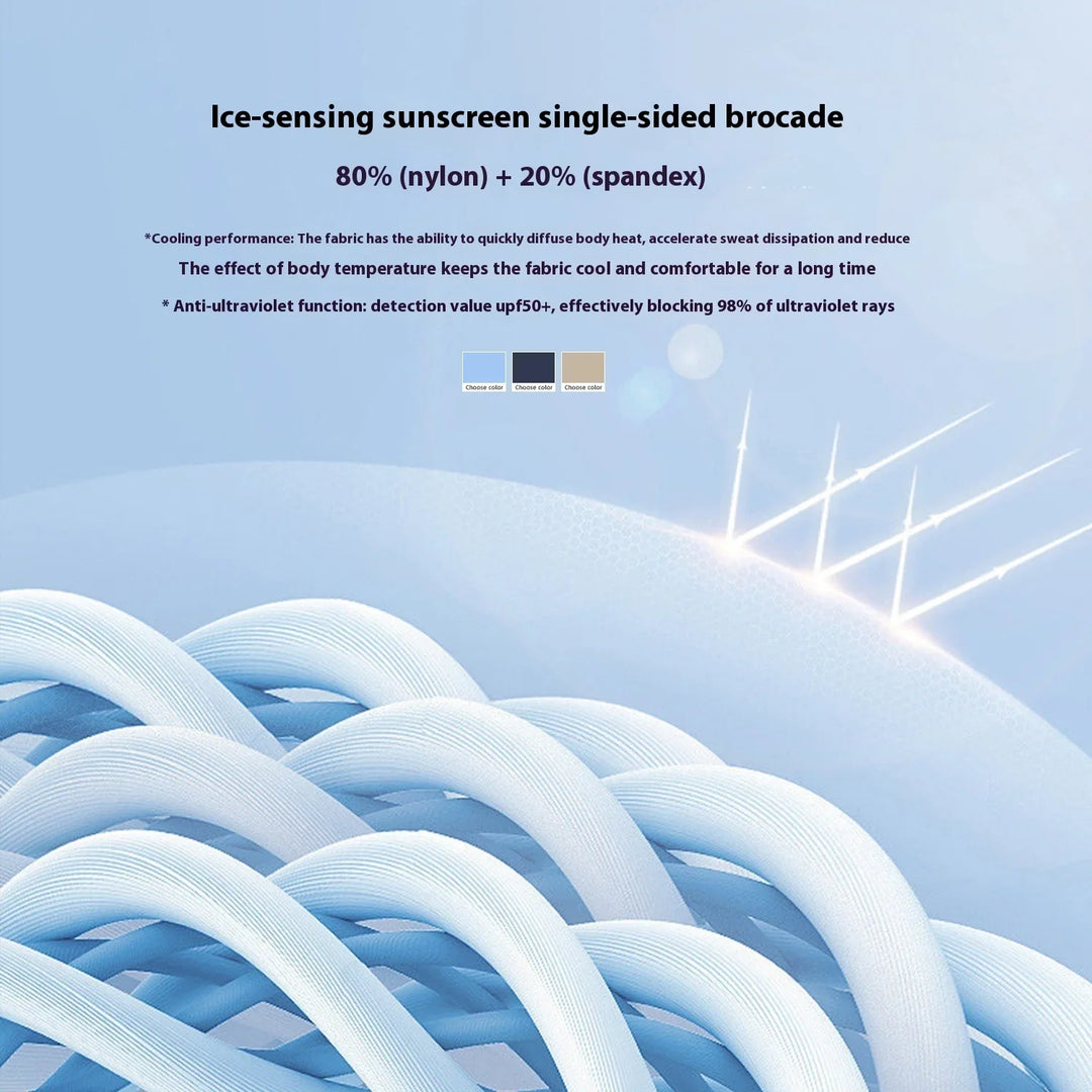 Close-up of ice-sensing sunscreen fabric fibers with UPF50+ blocking 98% UV rays, nylon and spandex blend