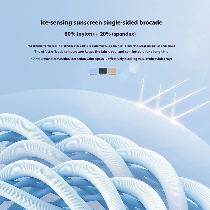 Close-up of ice-sensing sunscreen fabric fibers with UPF50+ blocking 98% UV rays, nylon and spandex blend