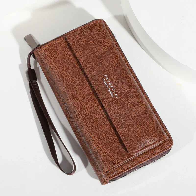 Brown textured leather wallet with wrist strap and zipper, branded PAYOFFLAI Classic Fashion