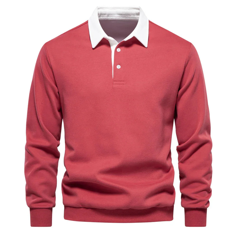 Men's long sleeve red rugby shirt with white collar and button placket
