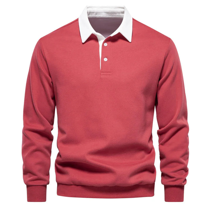 Men's long sleeve red rugby shirt with white collar and button placket