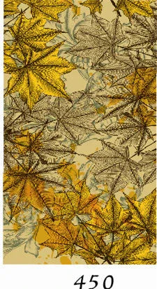 Detailed layered pattern of yellow and brown autumn maple leaves with intricate veins on a beige background