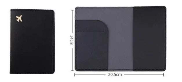 Black travel passport holder with gold airplane icon, measuring 14cm by 20.5cm, open and closed views