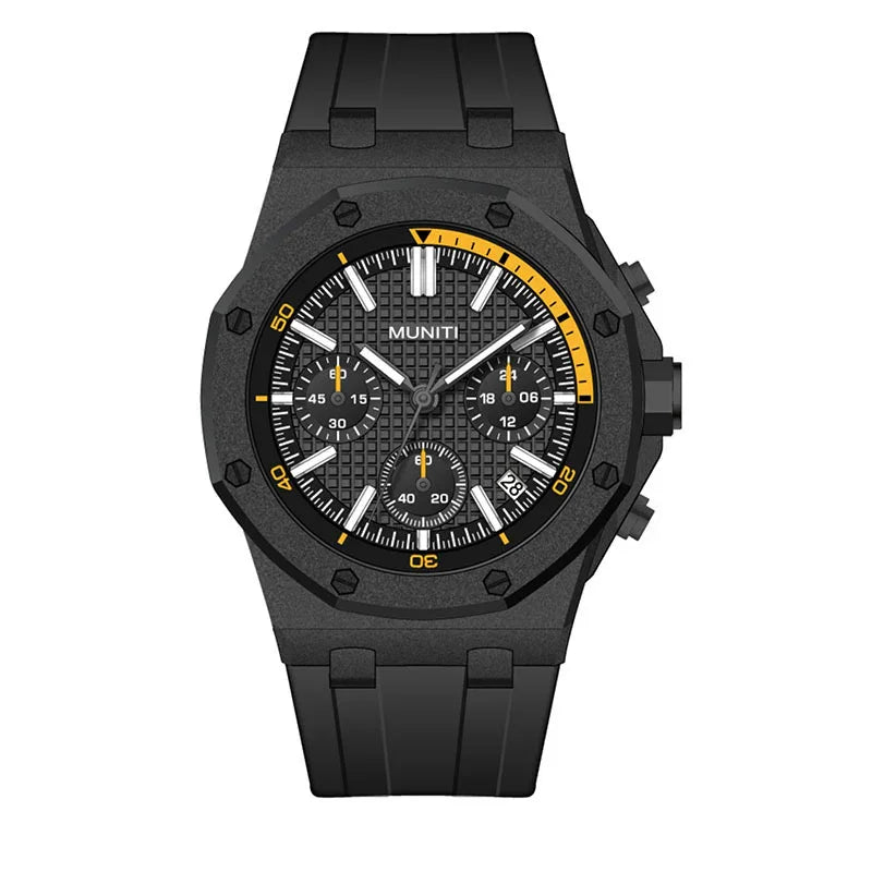 Black MUNITI chronograph watch with textured dial, yellow accents, and black rubber strap