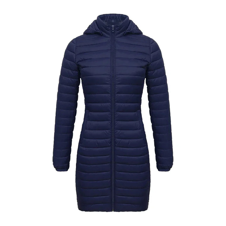 Women's navy blue long quilted puffer jacket with hood and front zipper