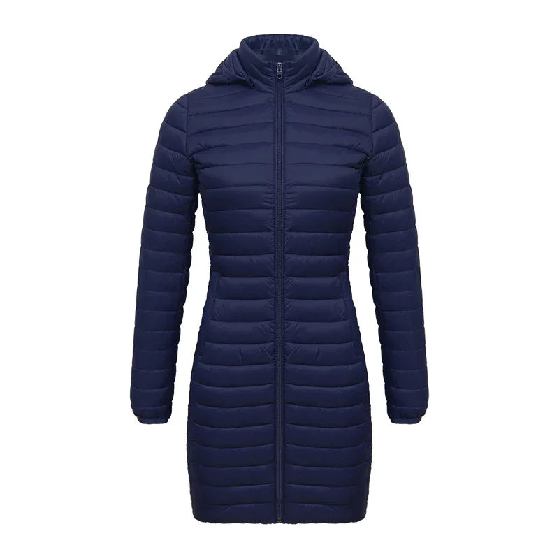Women's navy blue long puffer jacket with hood and full front zipper