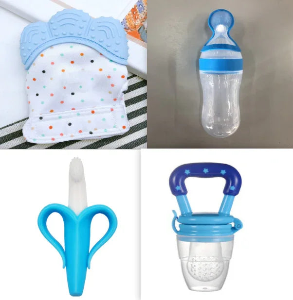 Set of blue and white baby feeding and teething accessories including a teething mitten, silicone feeder, banana-shaped toothbrush, and fruit feeder.