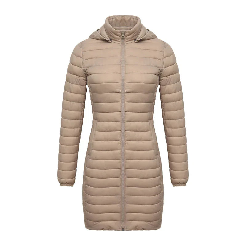 Beige quilted long puffer jacket with hood and front zipper for women