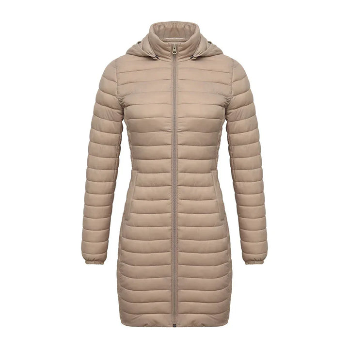 Long beige quilted puffer jacket with hood and front zipper for women