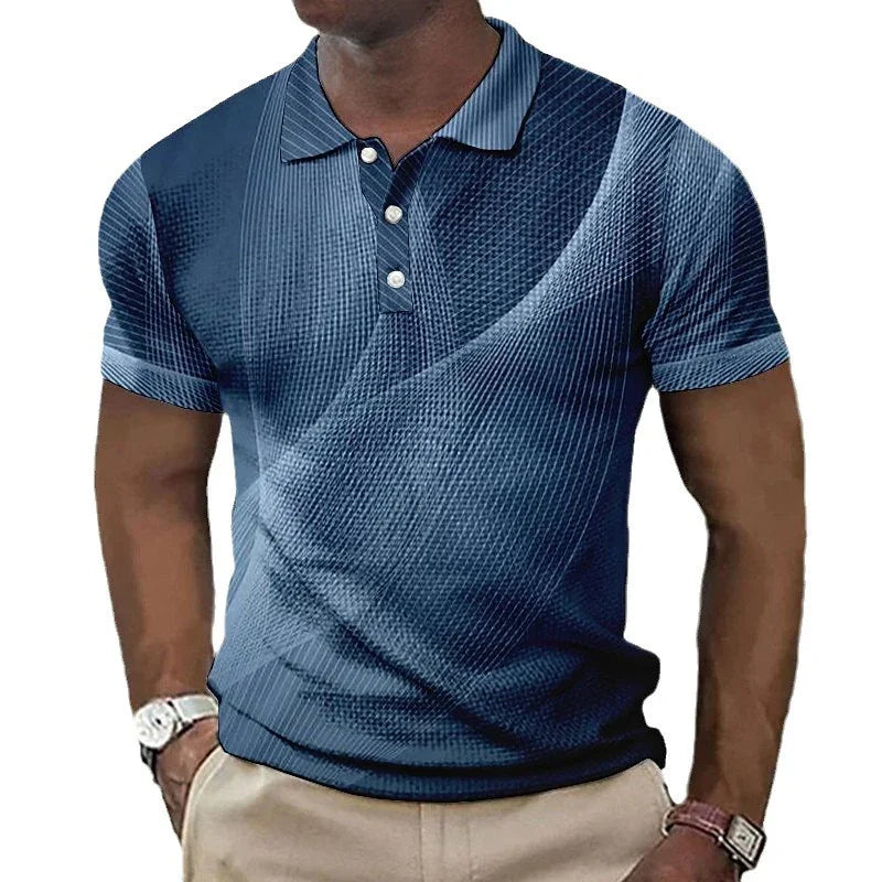 Men's blue short sleeve polo shirt with textured diagonal pattern and button collar