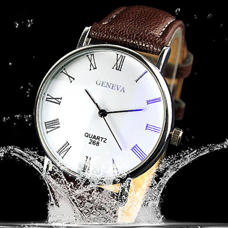 Geneva quartz wristwatch with brown leather strap and Roman numerals splashing in water