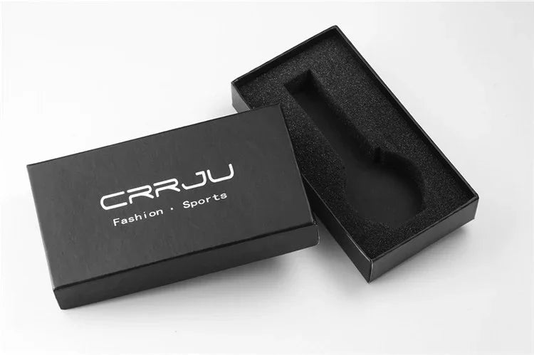Black CRRJU branded box with removable foam insert for fashion sports accessory packaging