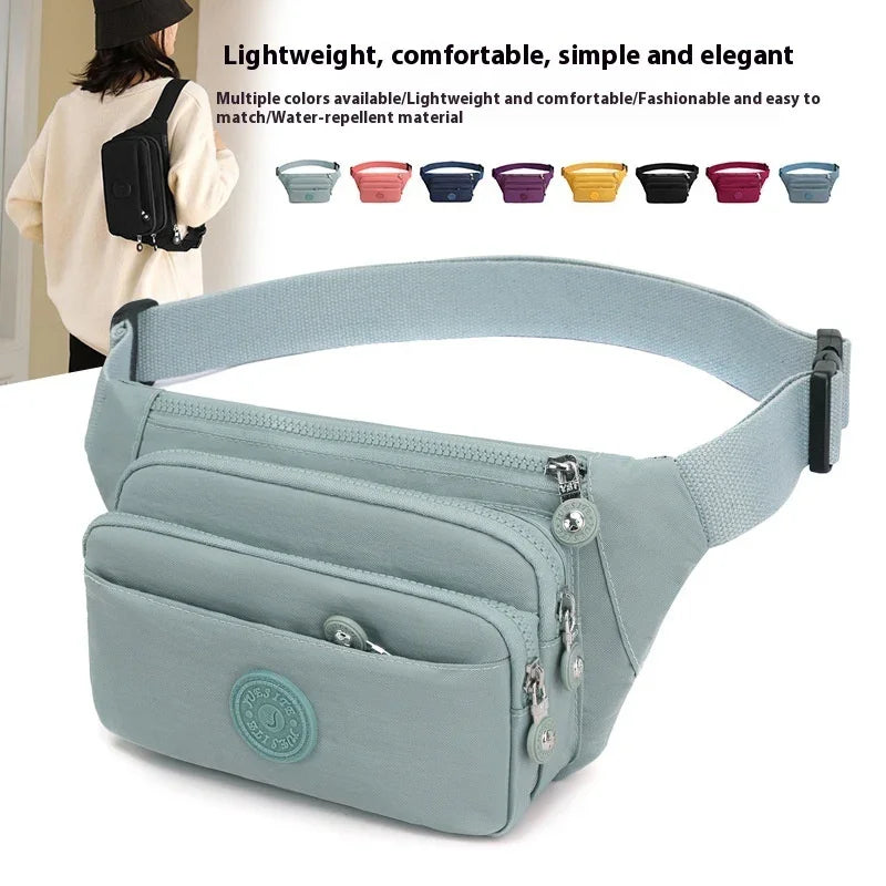 Lightweight, water-repellent waist bag with multiple compartments, adjustable strap, and color options