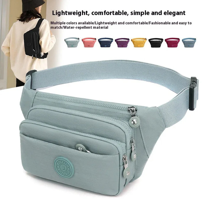 Lightweight, water-repellent waist bag with multiple compartments, adjustable strap, and color options