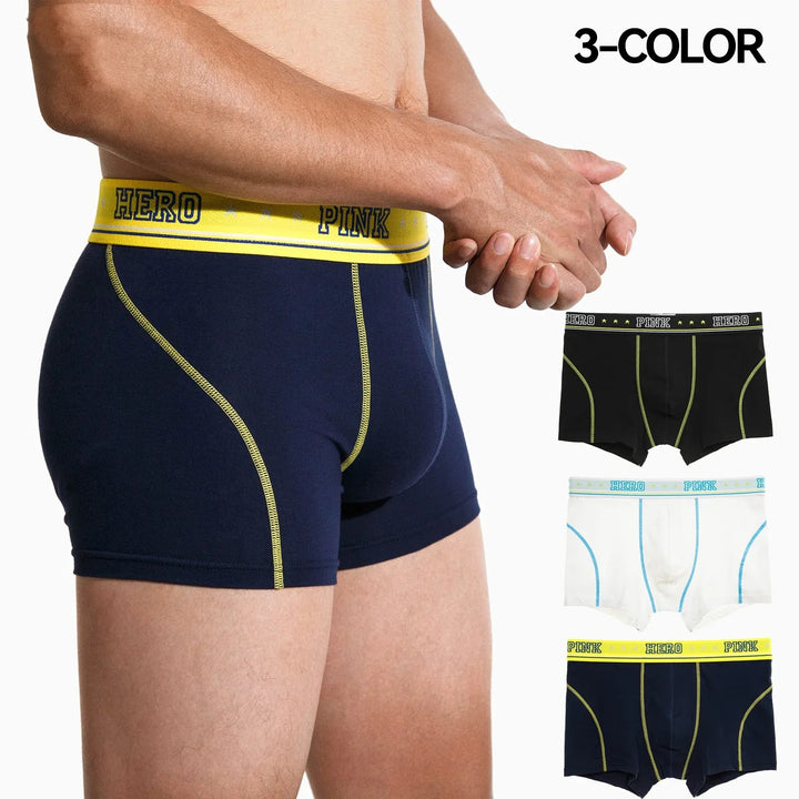 Men's three-color boxer briefs set with contrasting waistbands and stitching in navy, black, and white