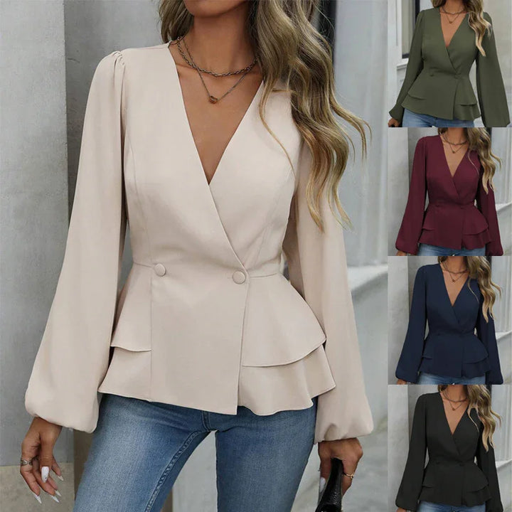 Women’s long sleeve wrap blouse with peplum waist in beige, green, burgundy, navy, and black