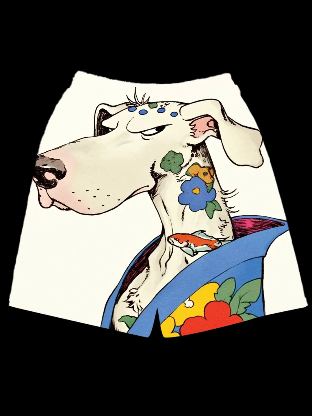 White boxer shorts with a cartoon dog wearing a colorful floral shirt design