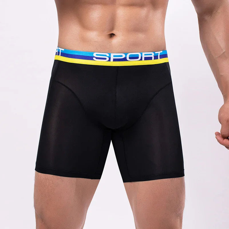 Male model wearing black sport boxer briefs with blue and yellow waistband featuring SPORT text