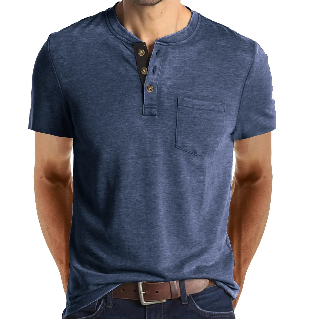 Men's blue short sleeve henley t-shirt with front pocket and buttoned placket
