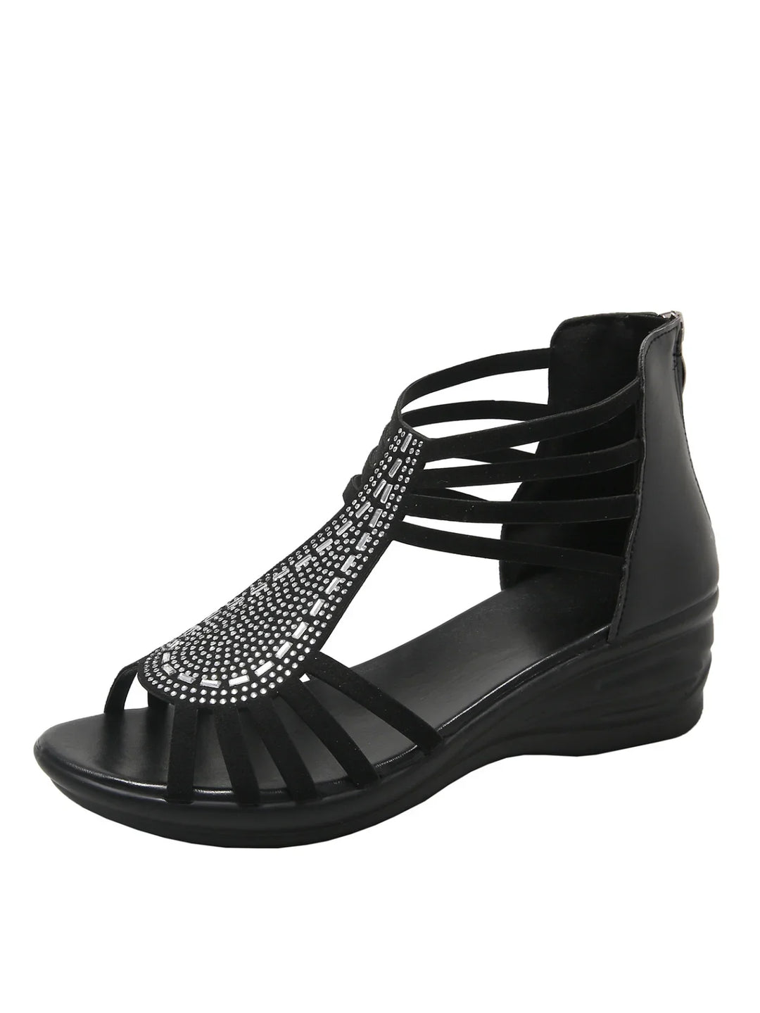 Black women's wedge sandal with rhinestone embellishments and multiple straps