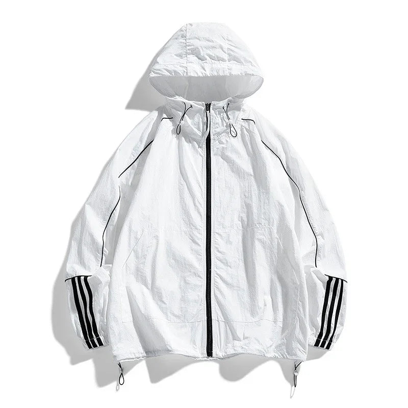 White hooded windbreaker jacket with black zipper and black stripes on sleeves