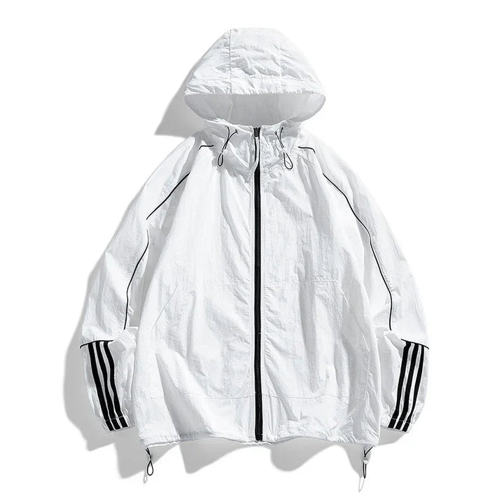 White hooded windbreaker jacket with black zipper and black stripes on sleeves