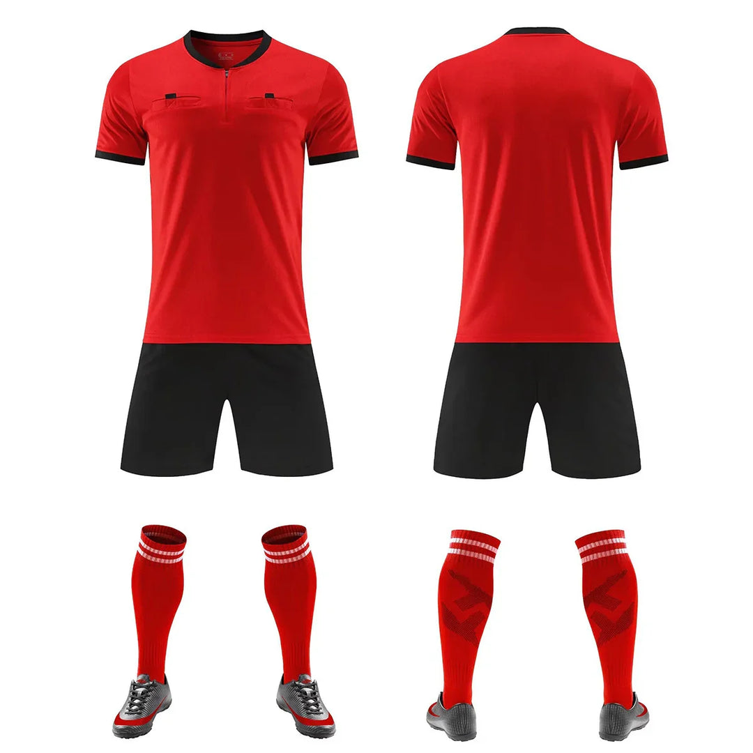 Red and black soccer referee uniform set with shirt, shorts, socks, and cleats, front and back view