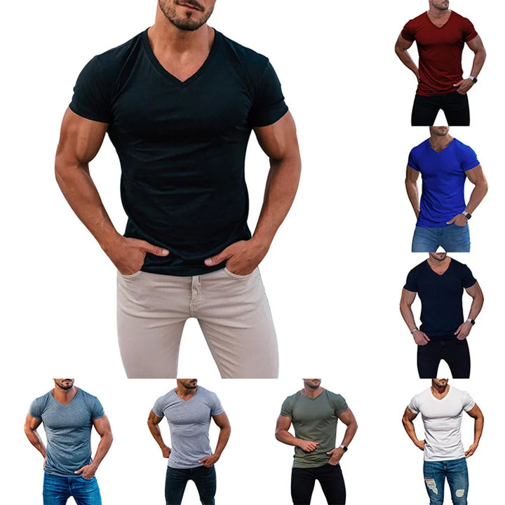 Men's fitted V-neck t-shirts in various colors including black, red, blue, gray, green, and white shown on muscular models