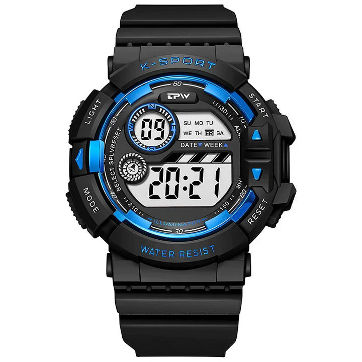 Black and blue K-Sport digital sports watch with water resistance, LED display, and multiple function buttons