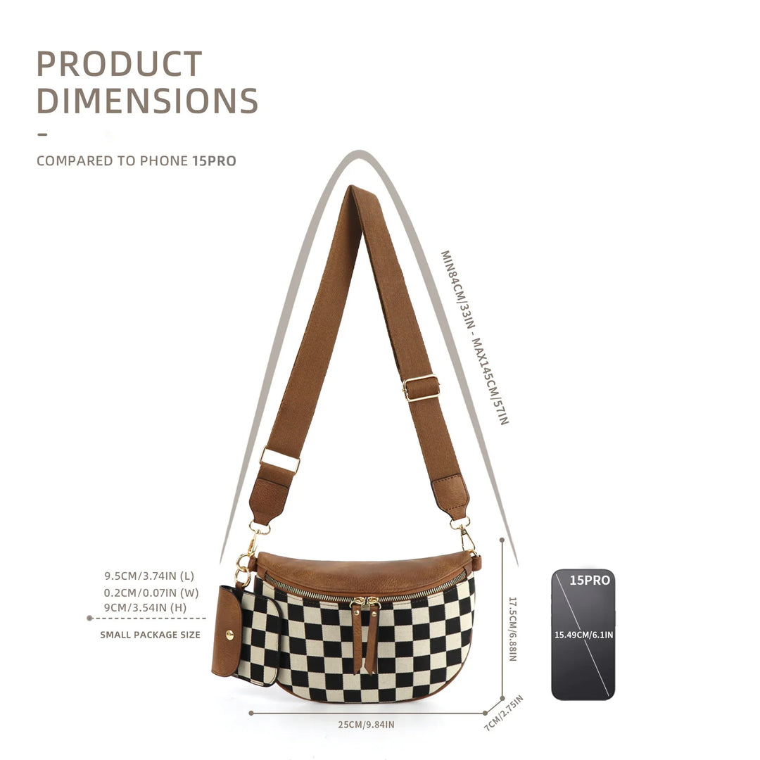 Checkerboard crossbody bag with adjustable brown strap and small pouch, dimensions labeled