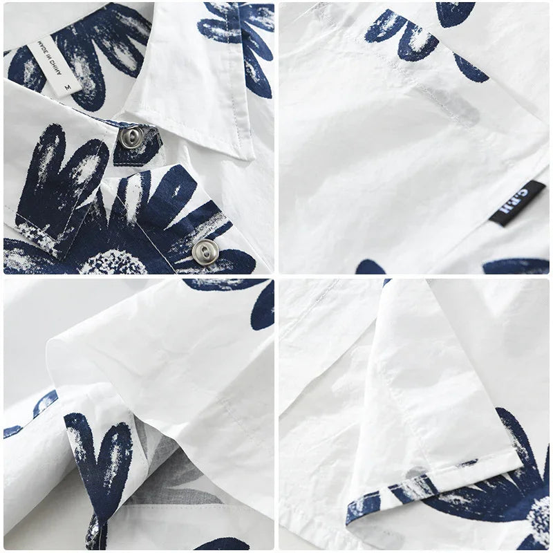 close-up views of white cotton shirt with blue floral print, buttons, collar, and sleeve details