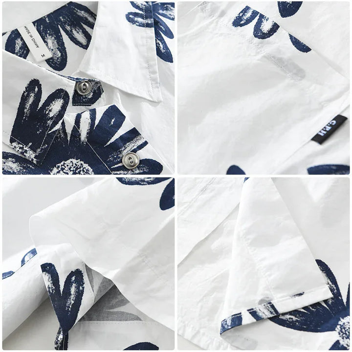 close-up views of white cotton shirt with blue floral print, buttons, collar, and sleeve details