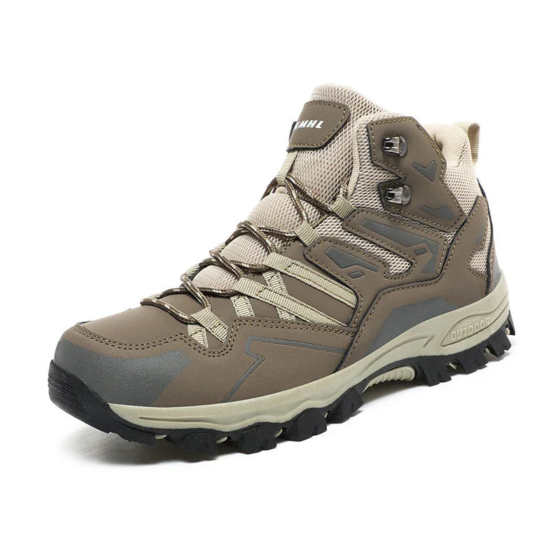 brown and beige high-top hiking boot with rugged sole and mesh details on white background