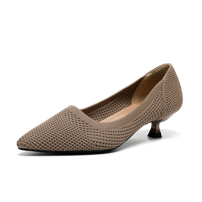 Brown knit pointed-toe women’s kitten heel shoe with textured fabric and low heel