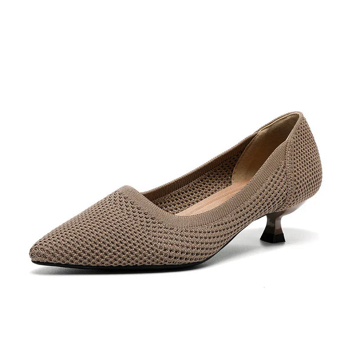 Brown knit pointed-toe women’s kitten heel shoe with textured fabric and low heel
